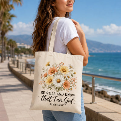 Be Still And Know That I Am God Psalm 46 10 Floral Christian Gift Tote Bag For Women Church Canvas Bag Bible Verse Faith Religious For Daily Use Shopping Beach Travel | siriusteestore