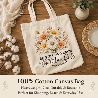 Be Still And Know That I Am God Psalm 46 10 Floral Christian Gift Tote Bag For Women Church Canvas Bag Bible Verse Faith Religious For Daily Use Shopping Beach Travel | siriusteestore