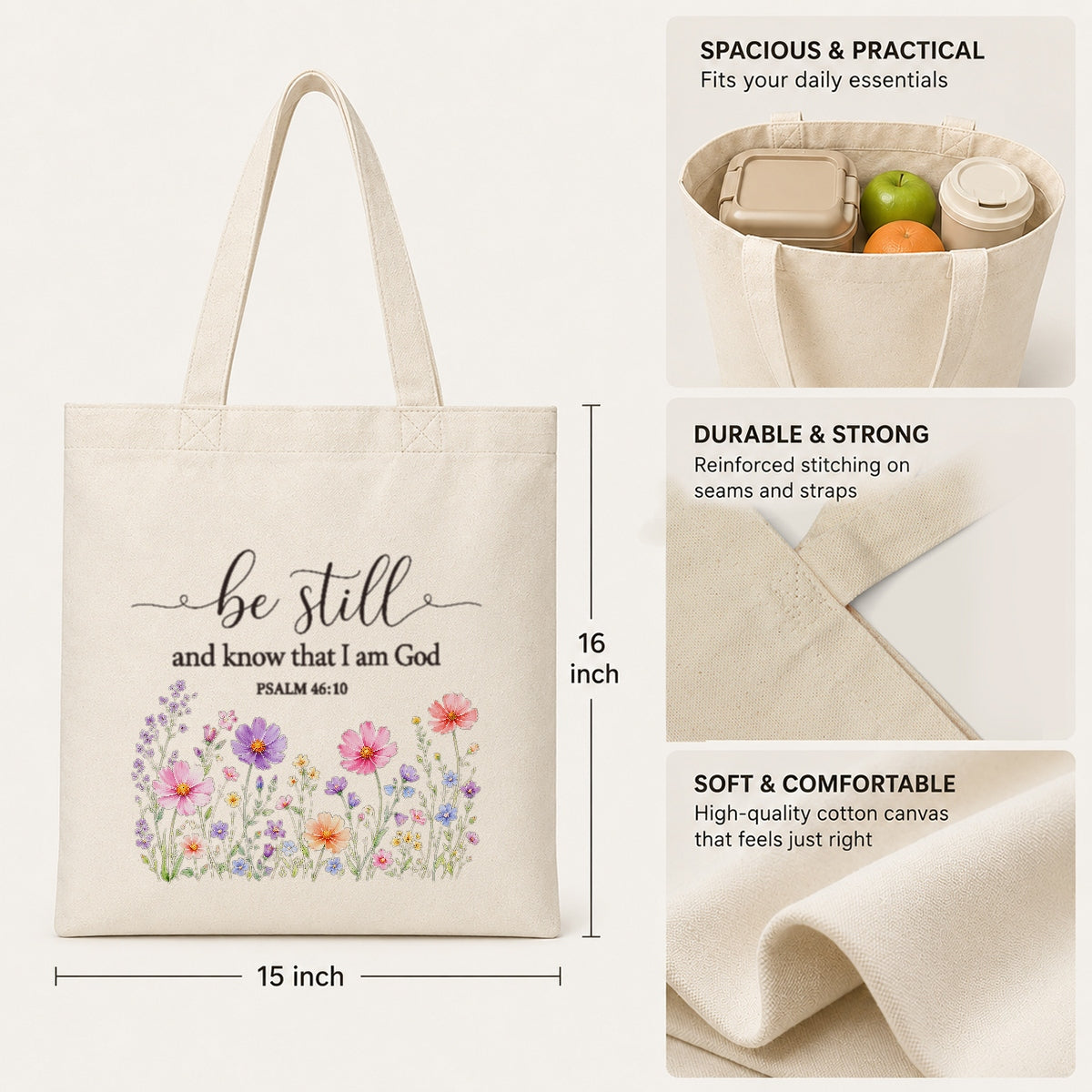 Be Still And Know That I Am God Psalm 46 10 Floral Christian Tote Bag For Women Church Canvas Bag Bible Verse Faith Religious Gift For Daily Use Shopping Beach Travel | siriusteestore