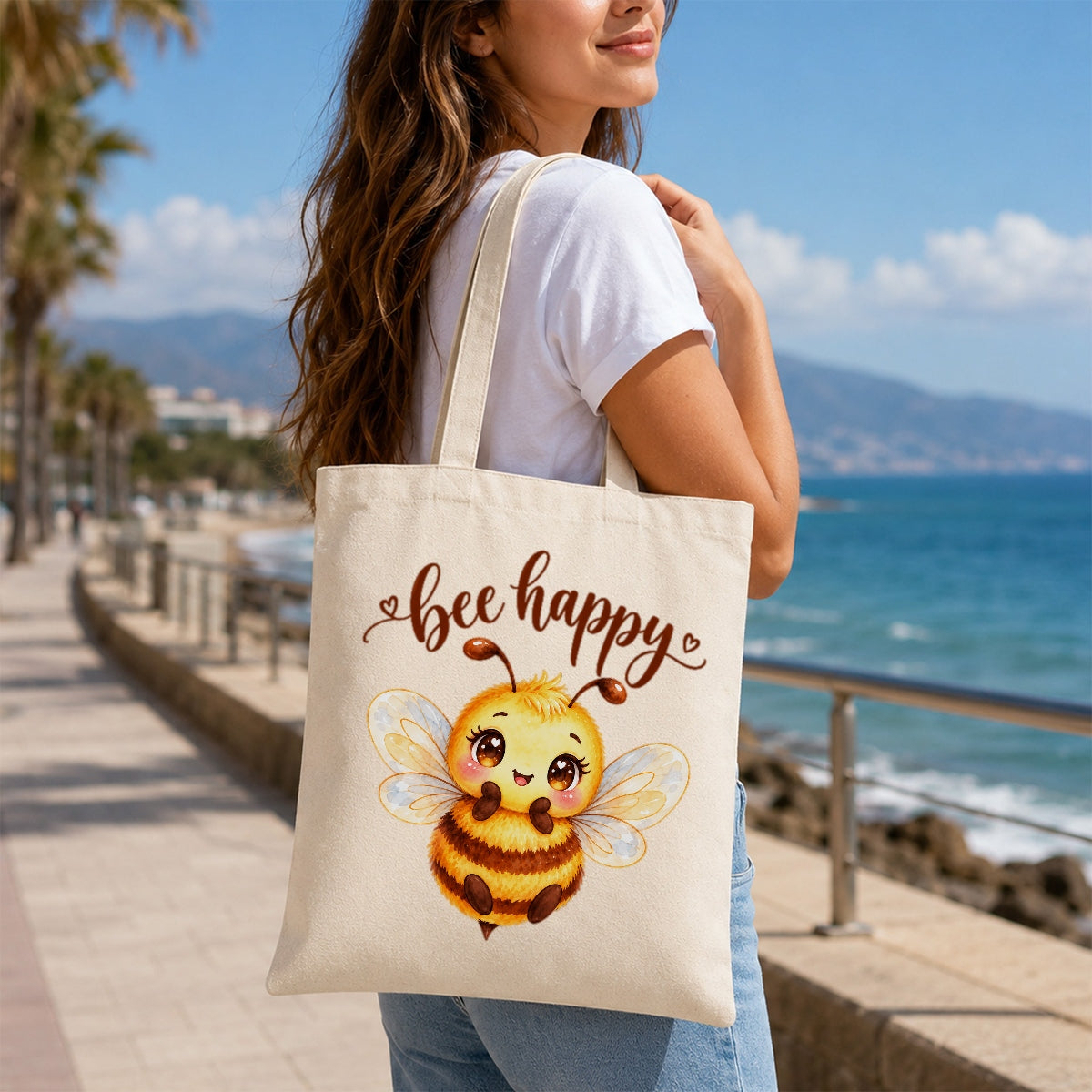Bee Happy Cute Bumblebee Canvas Tote Bag Kawaii Bee Lover Gift For Women Aesthetic Reusable Shopping Shoulder Bag Spring Nature Grocery Beach Everyday | siriusteestore