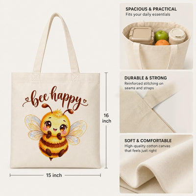 Bee Happy Cute Bumblebee Canvas Tote Bag Kawaii Bee Lover Gift For Women Aesthetic Reusable Shopping Shoulder Bag Spring Nature Grocery Beach Everyday | siriusteestore