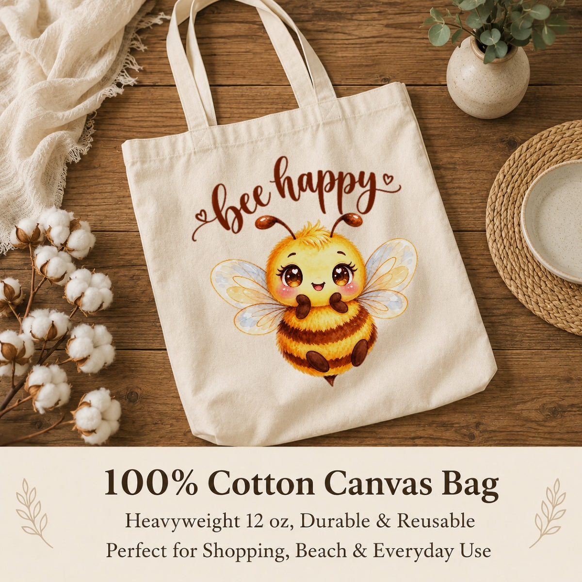 Bee Happy Cute Bumblebee Canvas Tote Bag Kawaii Bee Lover Gift For Women Aesthetic Reusable Shopping Shoulder Bag Spring Nature Grocery Beach Everyday | siriusteestore