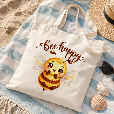 Bee Happy Cute Bumblebee Canvas Tote Bag Kawaii Bee Lover Gift For Women Aesthetic Reusable Shopping Shoulder Bag Spring Nature Grocery Beach Everyday | siriusteestore