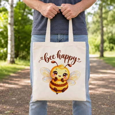 Bee Happy Cute Bumblebee Canvas Tote Bag Kawaii Bee Lover Gift For Women Aesthetic Reusable Shopping Shoulder Bag Spring Nature Grocery Beach Everyday | siriusteestore
