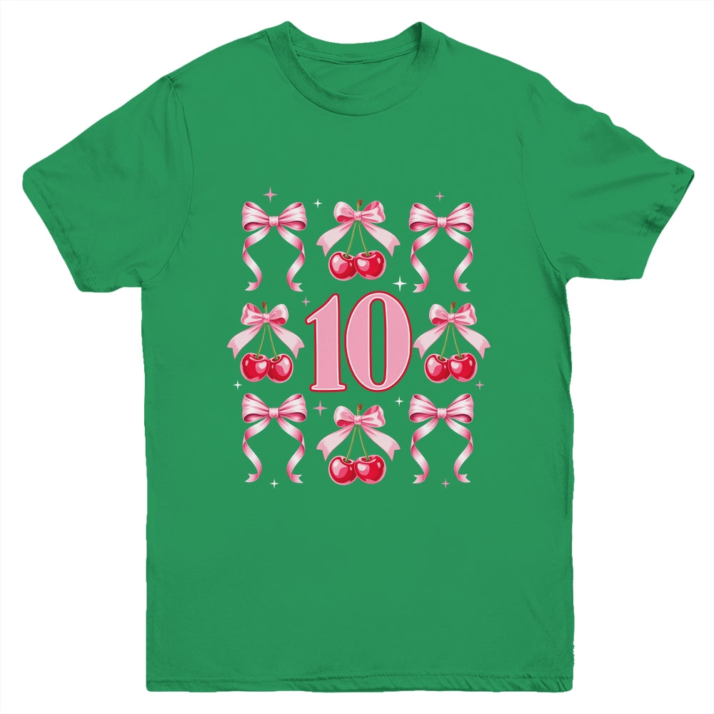 Birthday Girl 10th Birthday Cherry Coquette Bow 10 Years Old Youth Shirt | siriusteestore