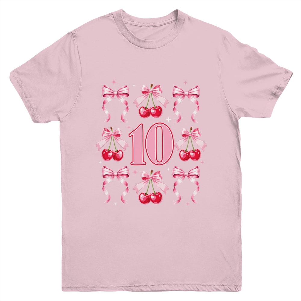 Birthday Girl 10th Birthday Cherry Coquette Bow 10 Years Old Youth Shirt | siriusteestore