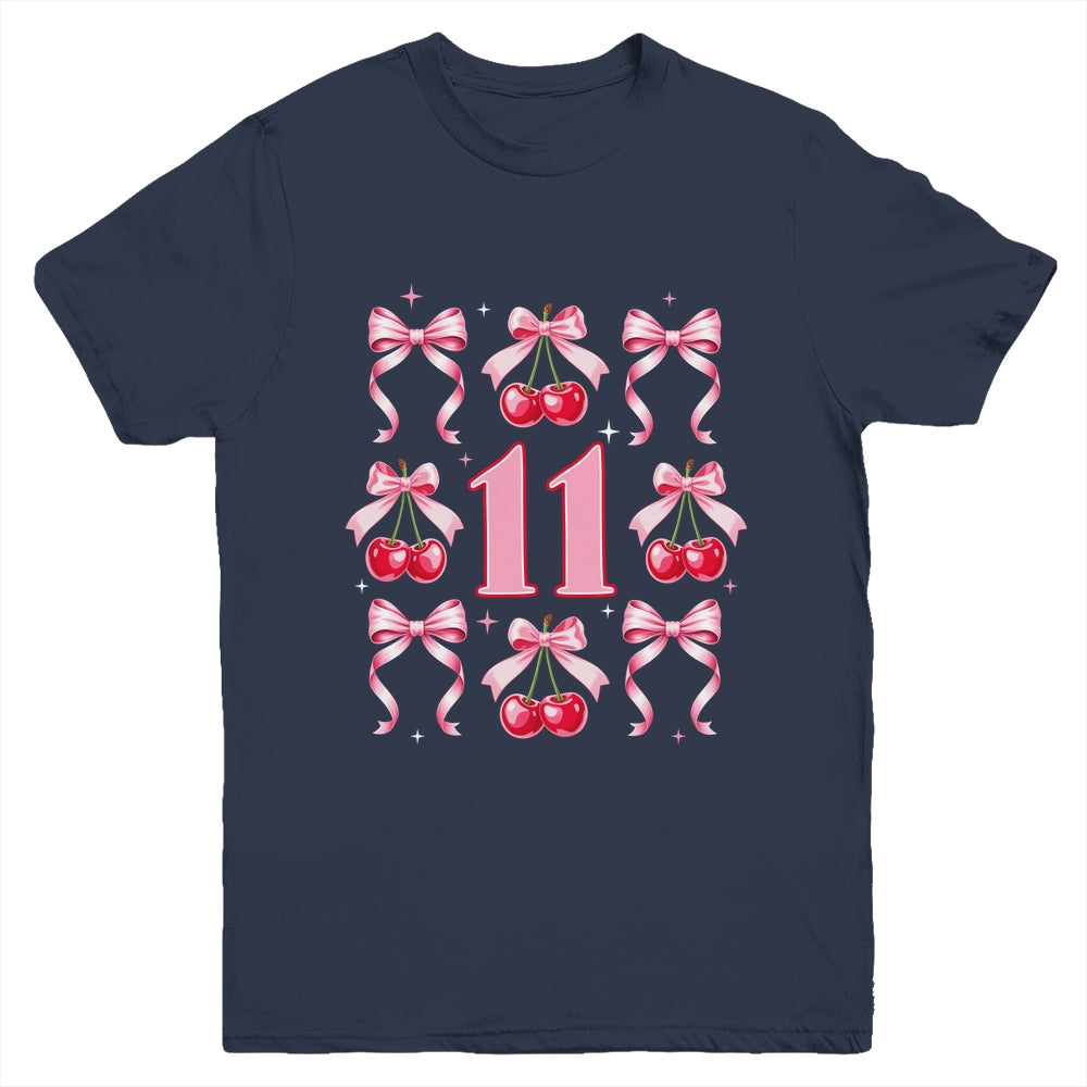 Birthday Girl 11th Birthday Cherry Coquette Bow 11 Years Old Youth Shirt | siriusteestore