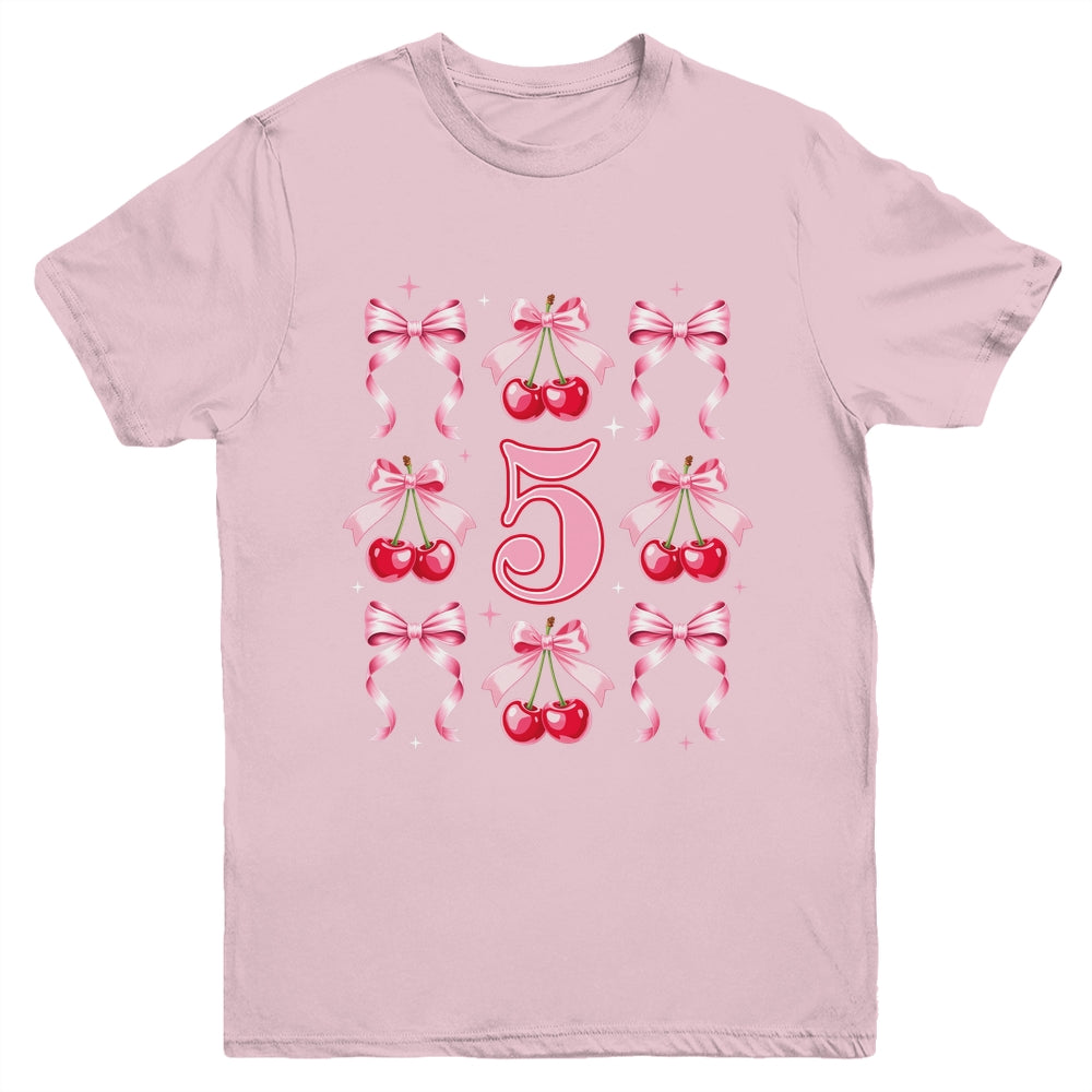 Birthday Girl 5th Birthday Cherry Coquette Bow 5 Years Old Youth Shirt | siriusteestore