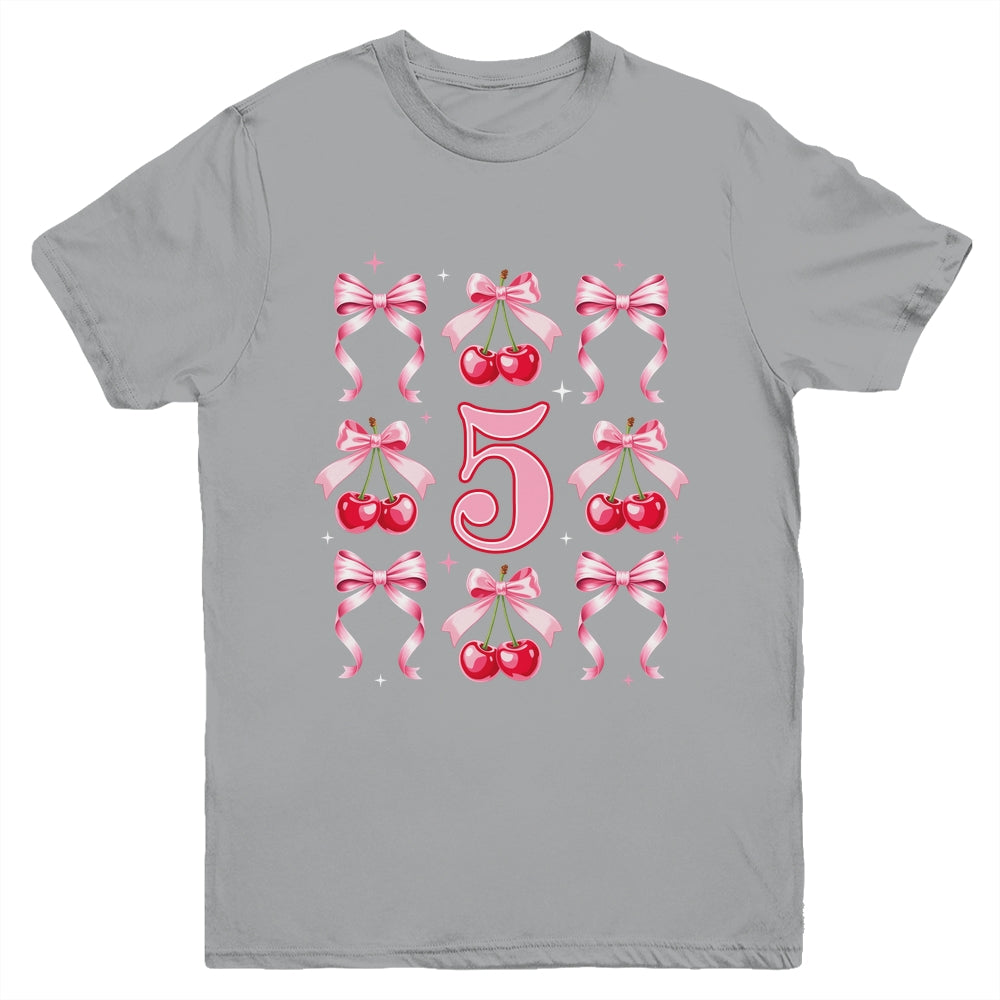 Birthday Girl 5th Birthday Cherry Coquette Bow 5 Years Old Youth Shirt | siriusteestore