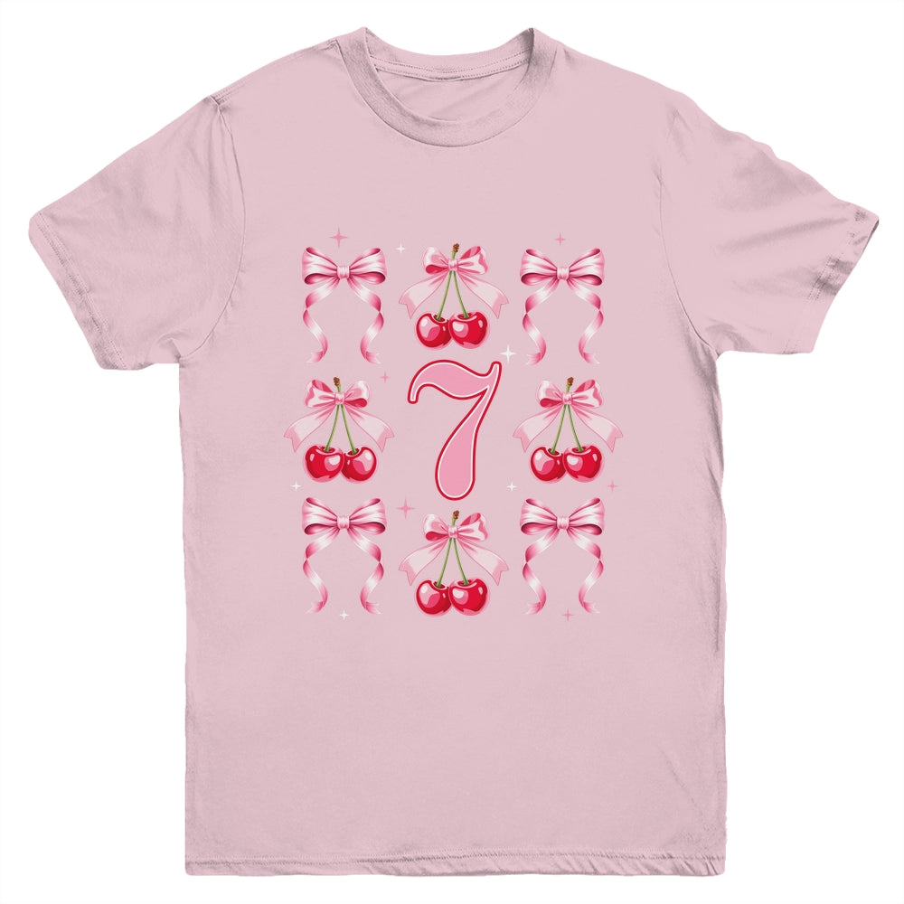 Birthday Girl 7th Birthday Cherry Coquette Bow 7 Years Old Youth Shirt | siriusteestore