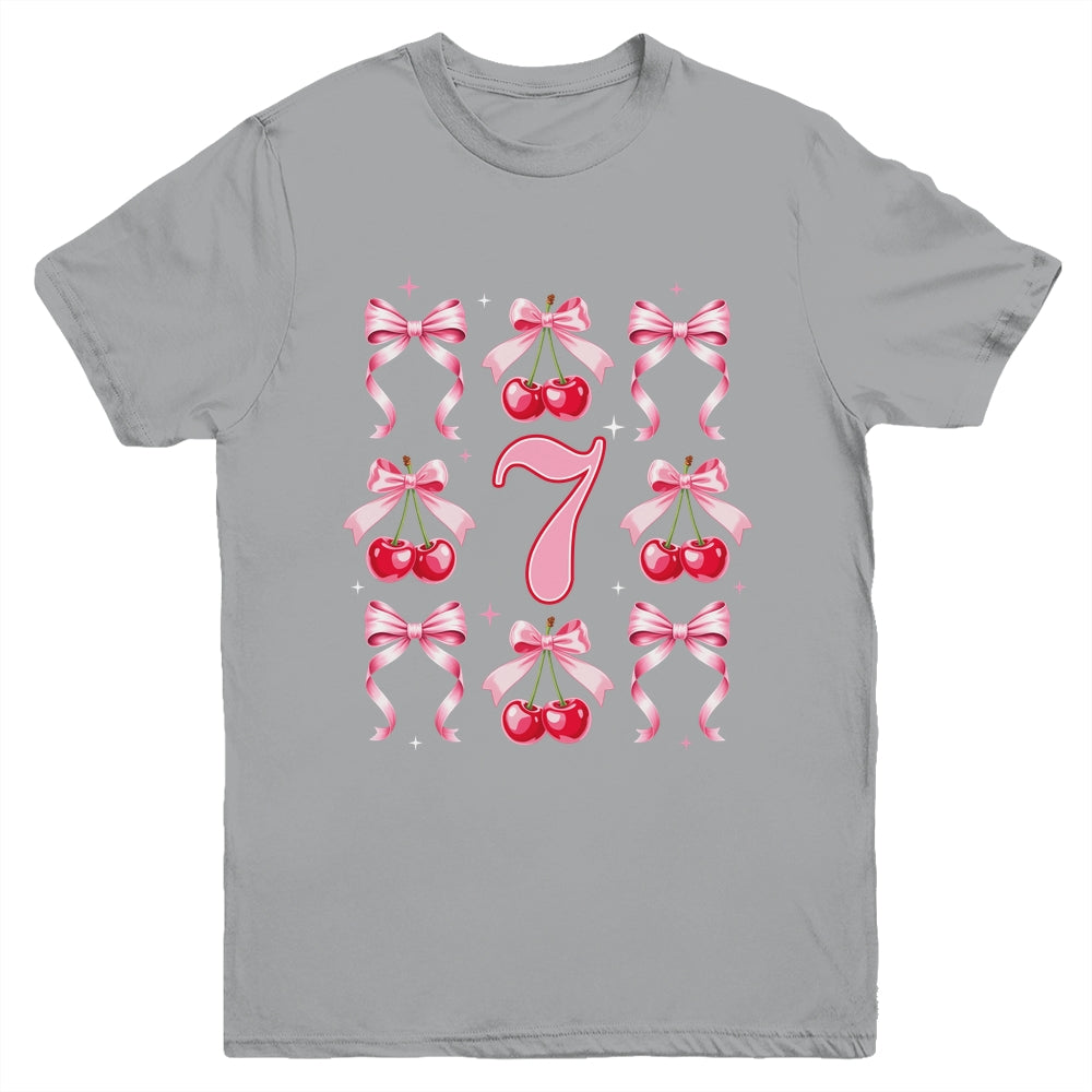 Birthday Girl 7th Birthday Cherry Coquette Bow 7 Years Old Youth Shirt | siriusteestore