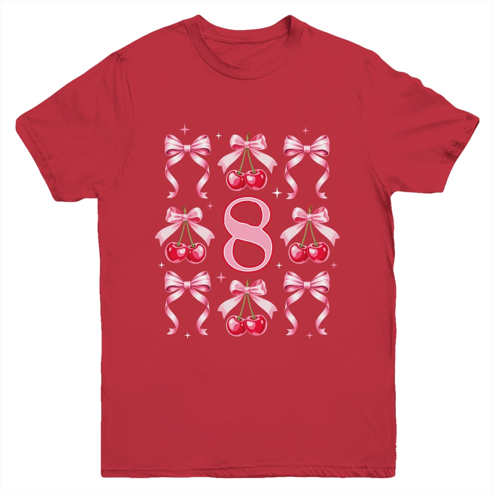 Birthday Girl 8th Birthday Cherry Coquette Bow 8 Years Old Youth Shirt | siriusteestore