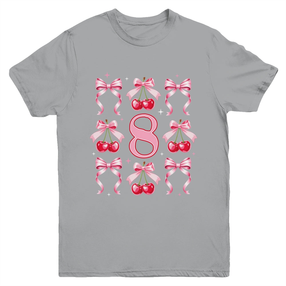 Birthday Girl 8th Birthday Cherry Coquette Bow 8 Years Old Youth Shirt | siriusteestore