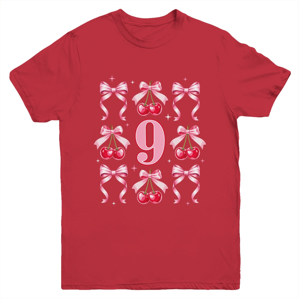 Birthday Girl 9th Birthday Cherry Coquette Bow 9 Years Old Youth Shirt | siriusteestore
