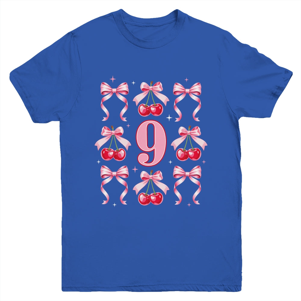 Birthday Girl 9th Birthday Cherry Coquette Bow 9 Years Old Youth Shirt | siriusteestore
