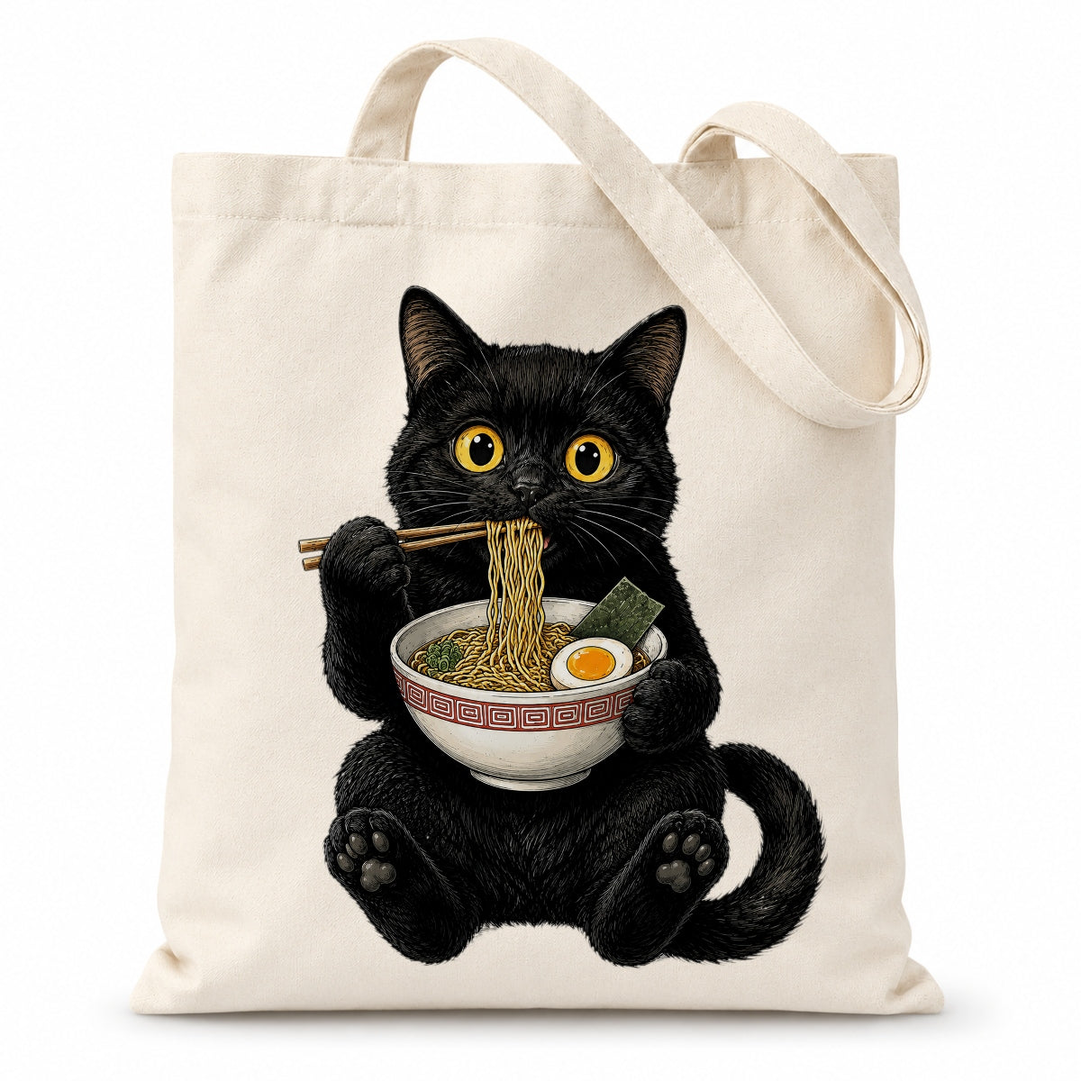 Black Cat Eating Ramen Tote Bag Cute Kawaii Cat Foodie Aesthetic Canvas Tote Bag For Women Girls Japanese Noodle Lover Gift Daily Use Shoulder Bag Bestie Coworker | siriusteestore