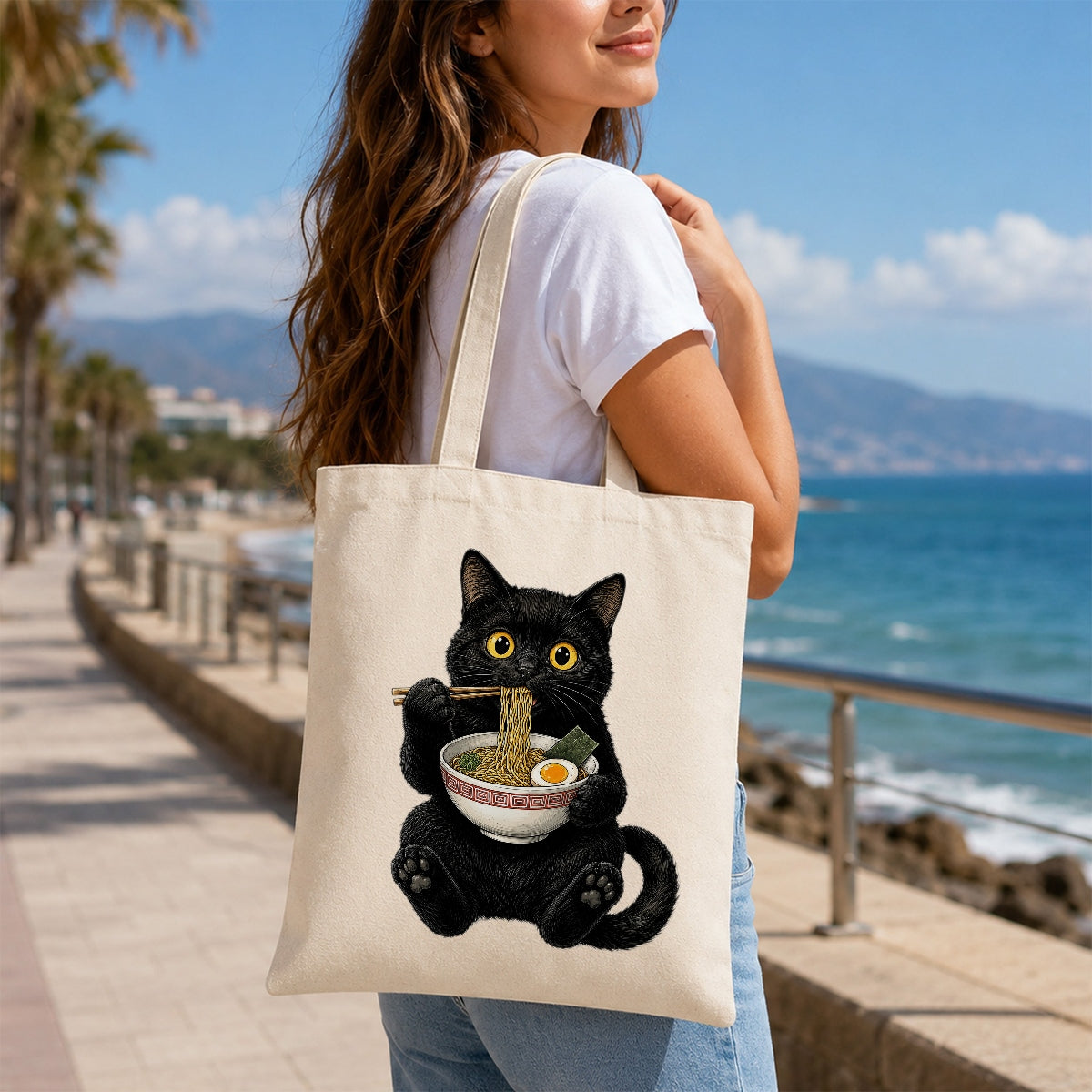 Black Cat Eating Ramen Tote Bag Cute Kawaii Cat Foodie Aesthetic Canvas Tote Bag For Women Girls Japanese Noodle Lover Gift Daily Use Shoulder Bag Bestie Coworker | siriusteestore