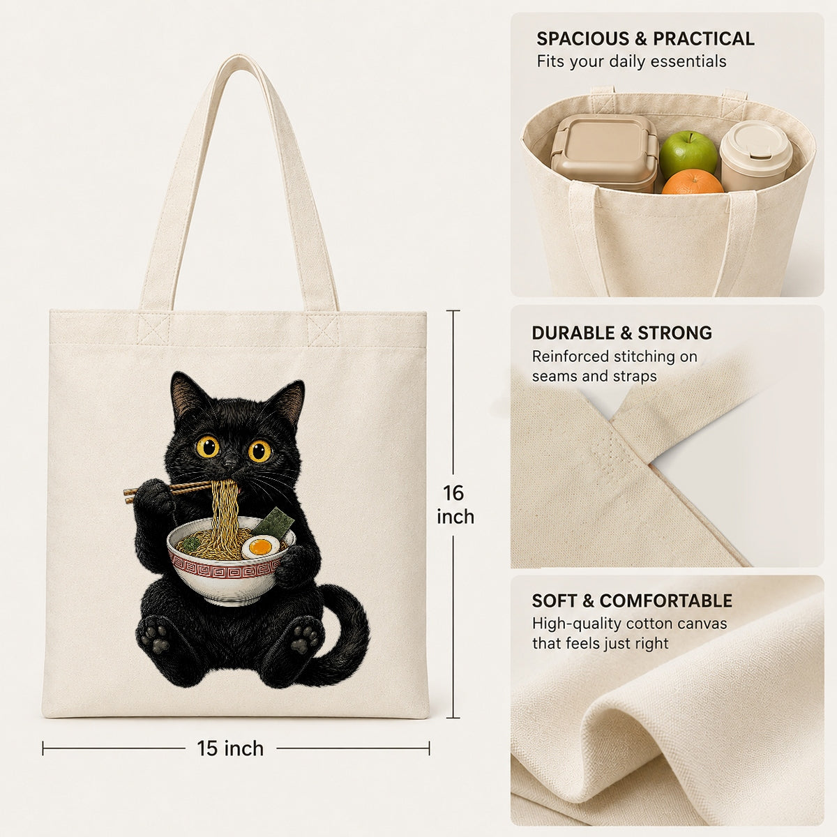 Black Cat Eating Ramen Tote Bag Cute Kawaii Cat Foodie Aesthetic Canvas Tote Bag For Women Girls Japanese Noodle Lover Gift Daily Use Shoulder Bag Bestie Coworker | siriusteestore