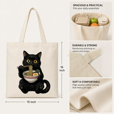 Black Cat Eating Ramen Tote Bag Cute Kawaii Cat Foodie Aesthetic Canvas Tote Bag For Women Girls Japanese Noodle Lover Gift Daily Use Shoulder Bag Bestie Coworker | siriusteestore