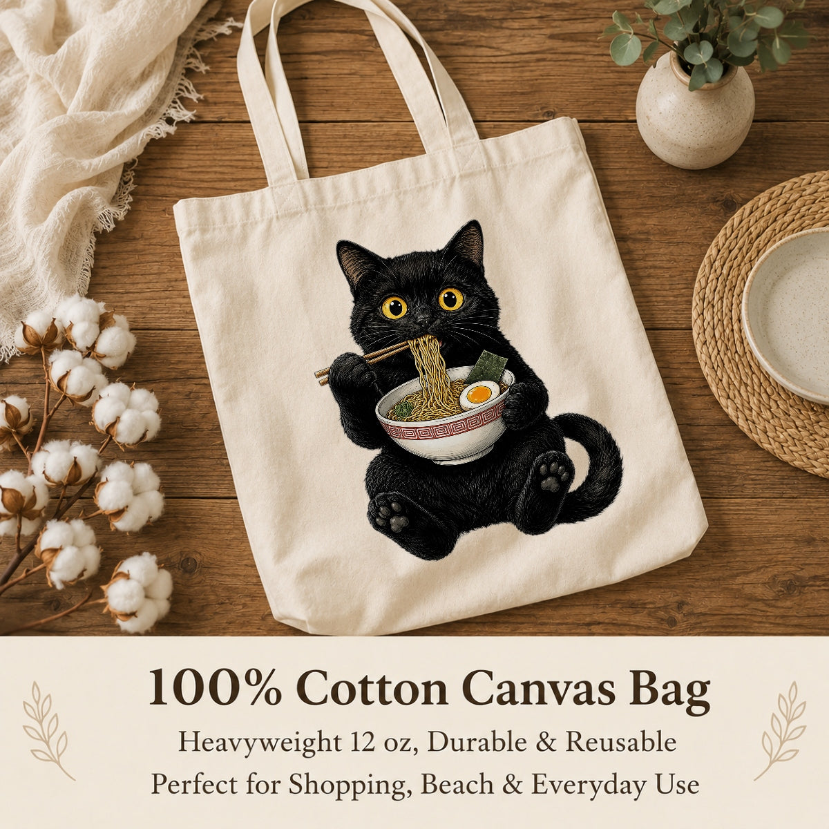 Black Cat Eating Ramen Tote Bag Cute Kawaii Cat Foodie Aesthetic Canvas Tote Bag For Women Girls Japanese Noodle Lover Gift Daily Use Shoulder Bag Bestie Coworker | siriusteestore