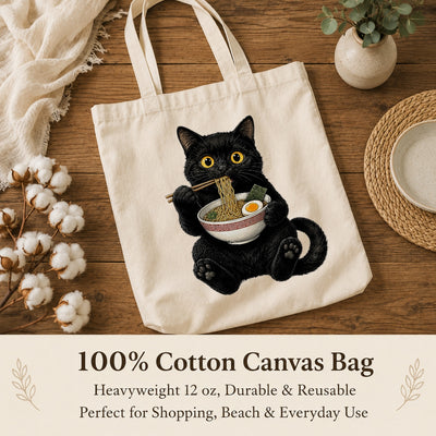 Black Cat Eating Ramen Tote Bag Cute Kawaii Cat Foodie Aesthetic Canvas Tote Bag For Women Girls Japanese Noodle Lover Gift Daily Use Shoulder Bag Bestie Coworker | siriusteestore