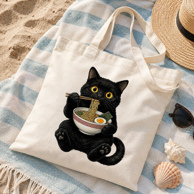 Black Cat Eating Ramen Tote Bag Cute Kawaii Cat Foodie Aesthetic Canvas Tote Bag For Women Girls Japanese Noodle Lover Gift Daily Use Shoulder Bag Bestie Coworker | siriusteestore