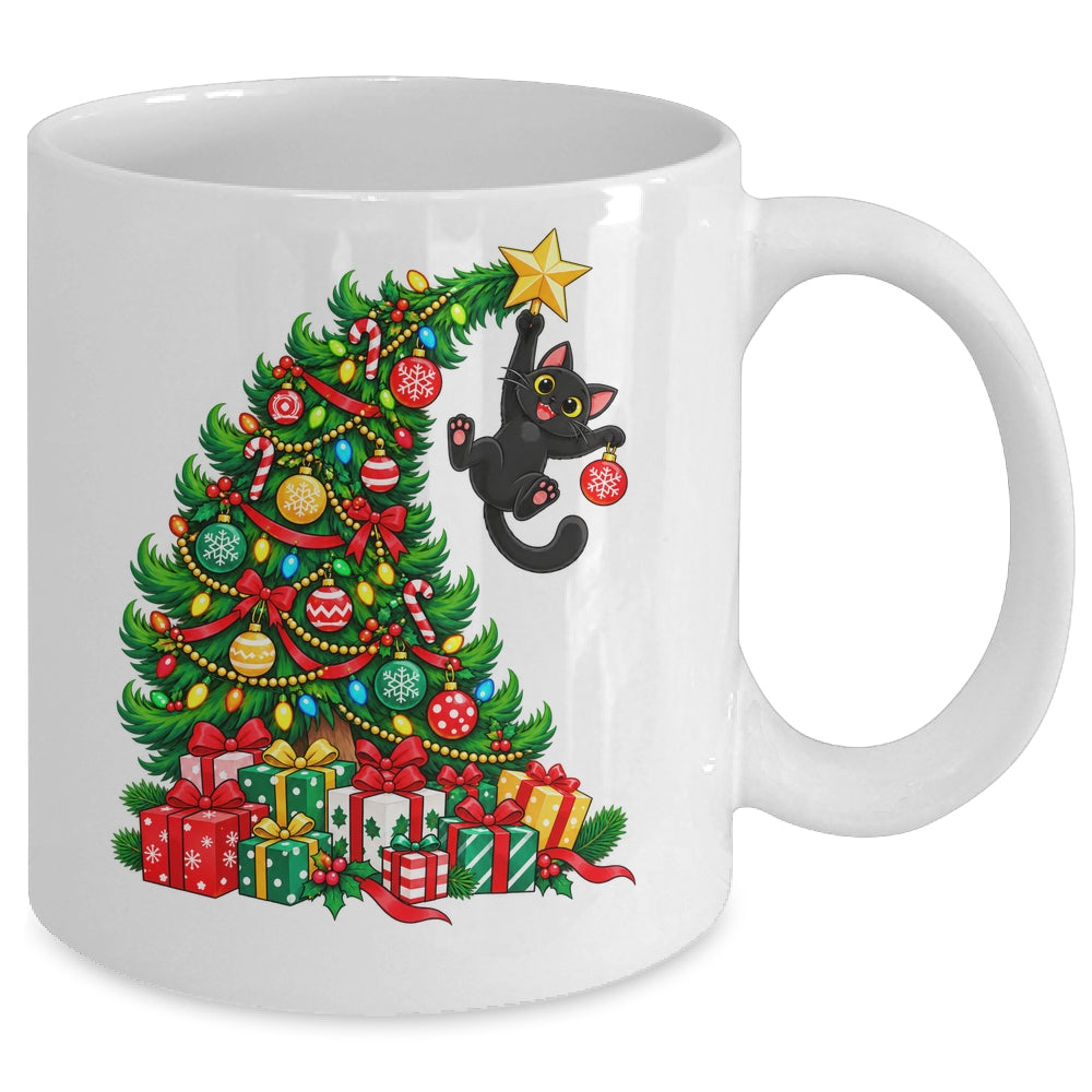 Black Cat Hanging From Christmas Tree Funny Pet Lover Mug | siriusteestore