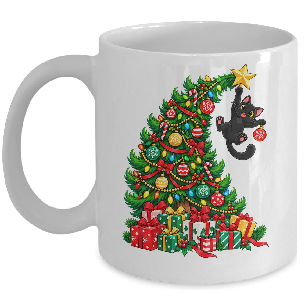 Black Cat Hanging From Christmas Tree Funny Pet Lover Mug | siriusteestore