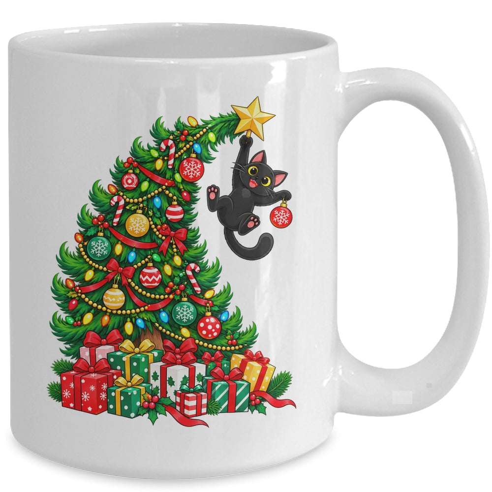 Black Cat Hanging From Christmas Tree Funny Pet Lover Mug | siriusteestore