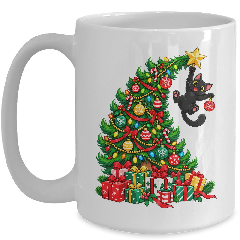 Black Cat Hanging From Christmas Tree Funny Pet Lover Mug | siriusteestore