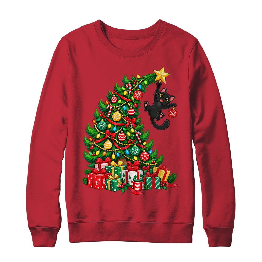Black Cat Hanging From Christmas Tree Funny Pet Lover Shirt & Sweatshirt | siriusteestore