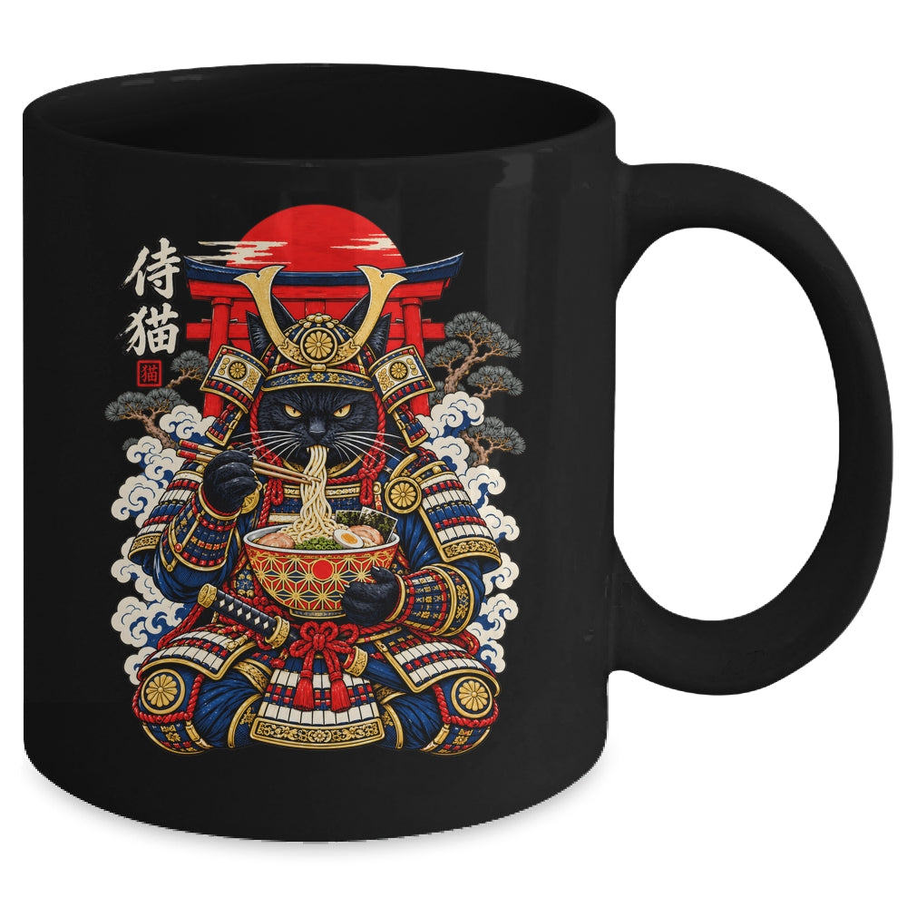 Black Cat Samurai Eats Ramen Funny Japanese Feline Warrior Mug | siriusteestore