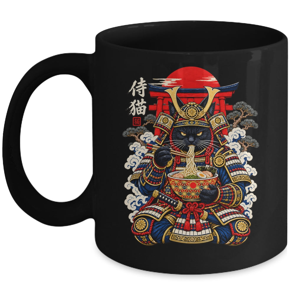 Black Cat Samurai Eats Ramen Funny Japanese Feline Warrior Mug | siriusteestore