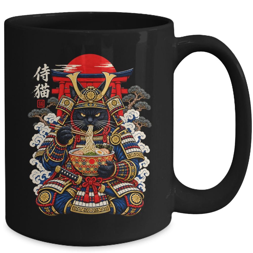 Black Cat Samurai Eats Ramen Funny Japanese Feline Warrior Mug | siriusteestore