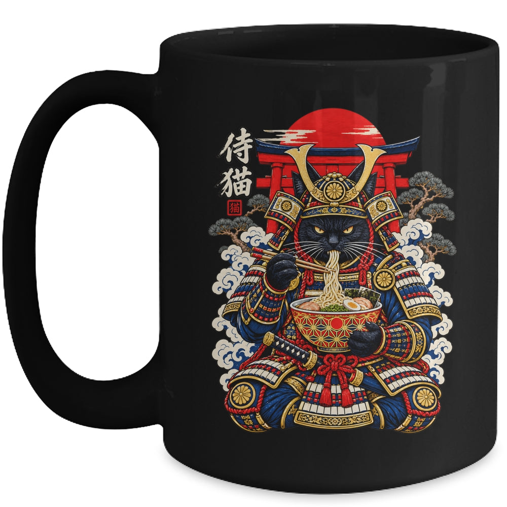 Black Cat Samurai Eats Ramen Funny Japanese Feline Warrior Mug | siriusteestore