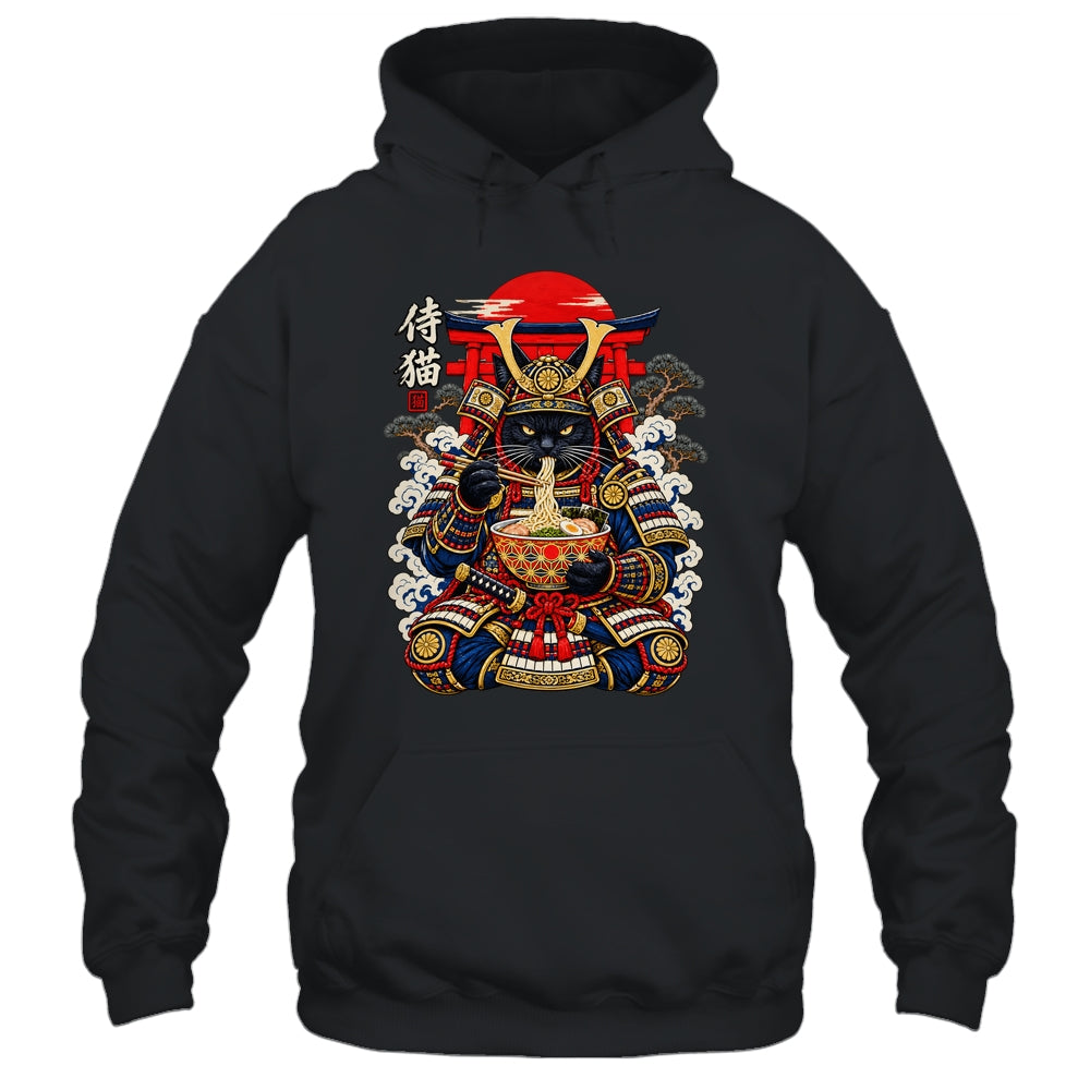 Black Cat Samurai Eats Ramen Funny Japanese Feline Warrior Shirt & Hoodie | siriusteestore