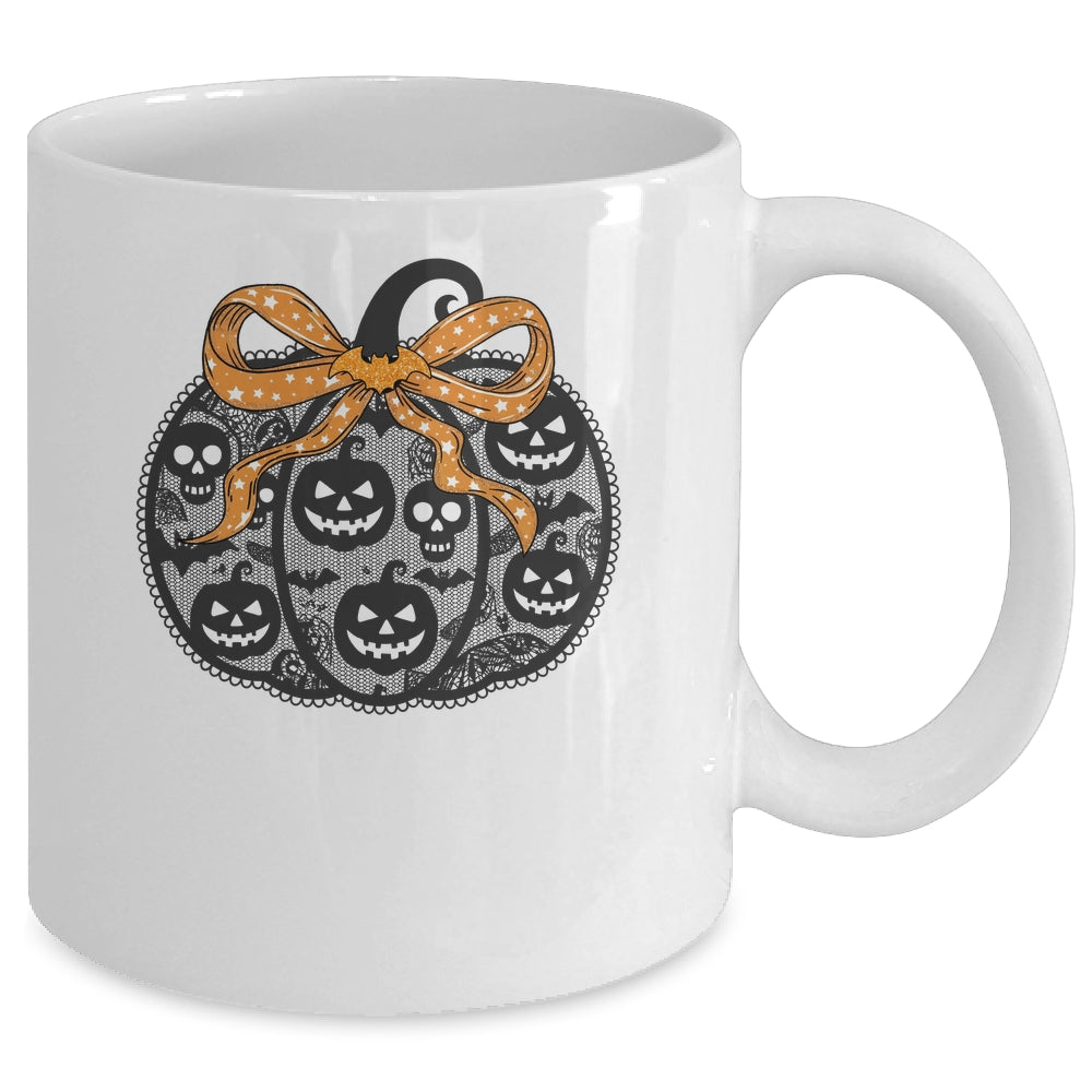 Black Lace Pumpkin Coquette Spooky Pumpkin Halloween Girl Mug | siriusteestore
