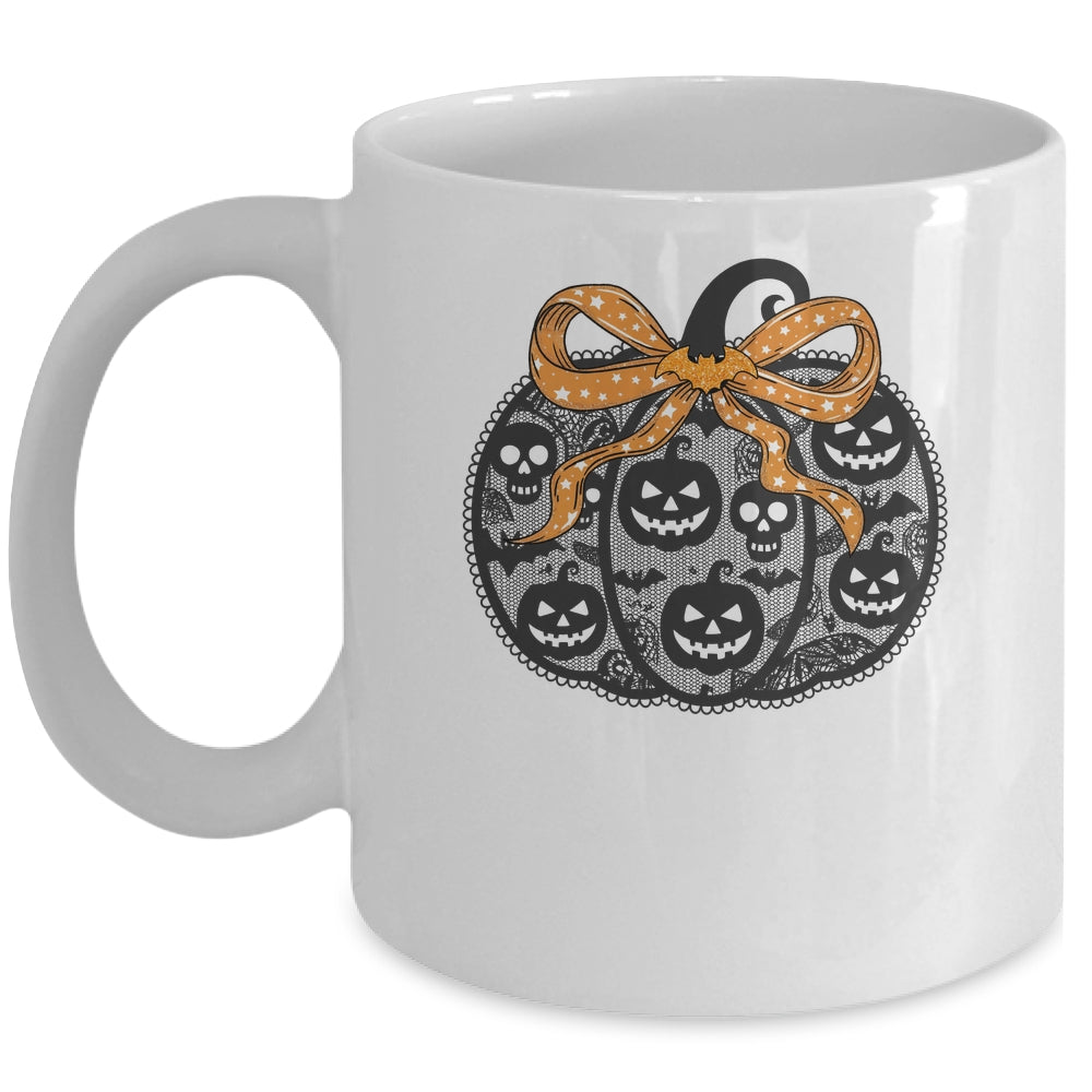 Black Lace Pumpkin Coquette Spooky Pumpkin Halloween Girl Mug | siriusteestore