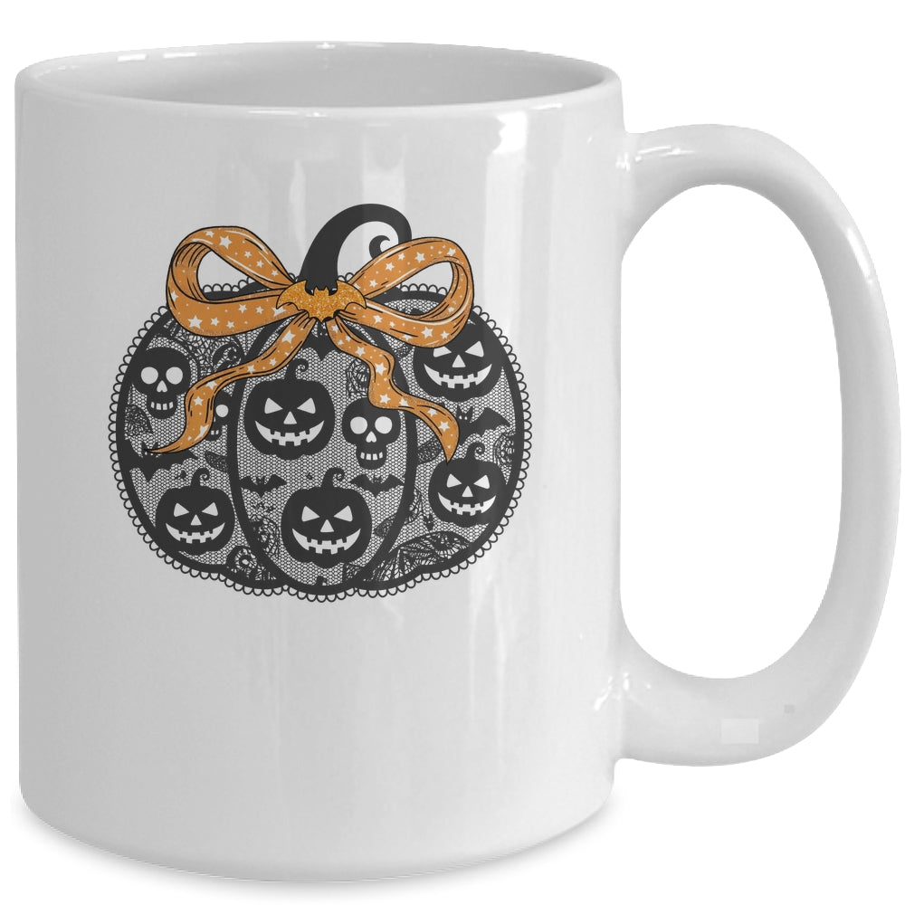 Black Lace Pumpkin Coquette Spooky Pumpkin Halloween Girl Mug | siriusteestore