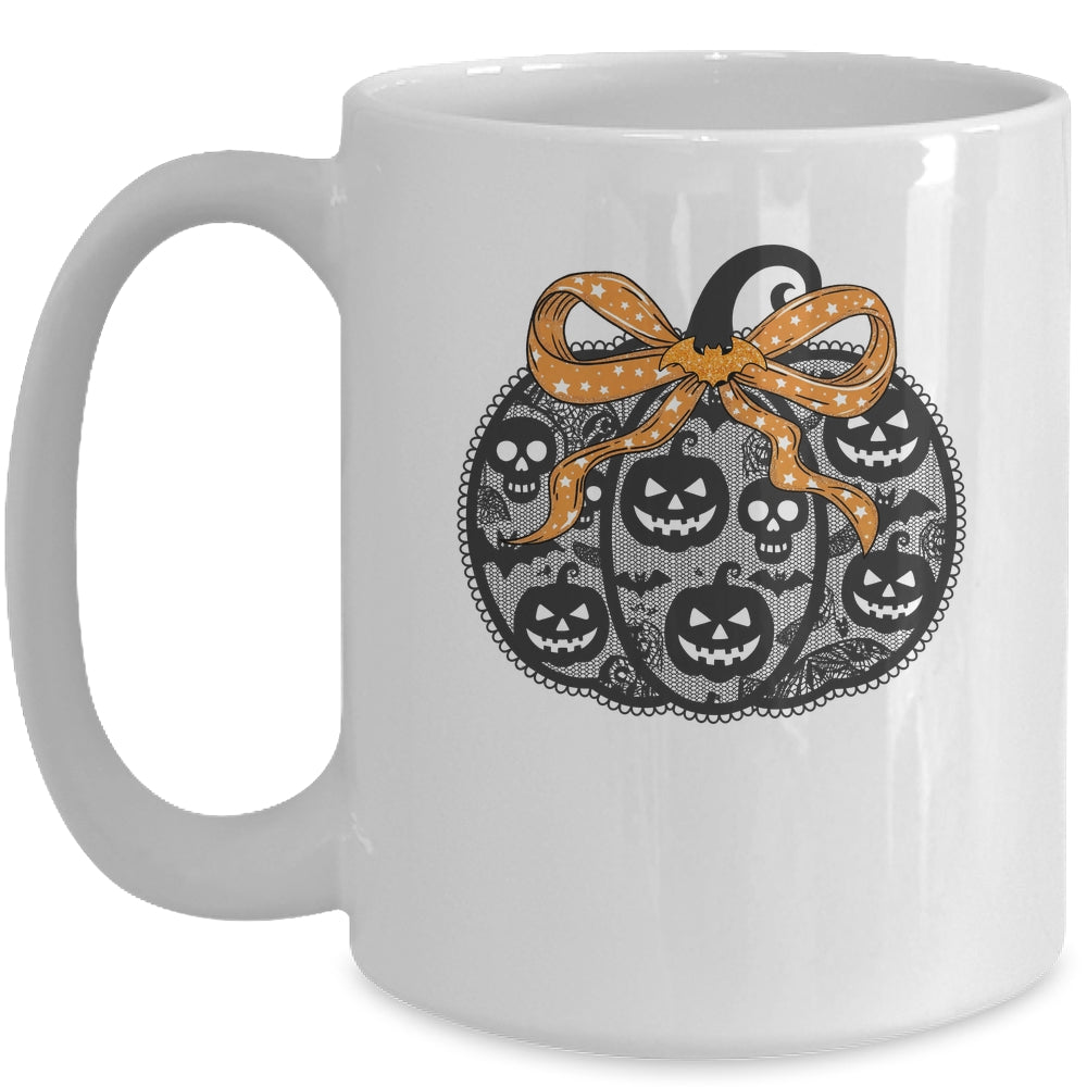 Black Lace Pumpkin Coquette Spooky Pumpkin Halloween Girl Mug | siriusteestore