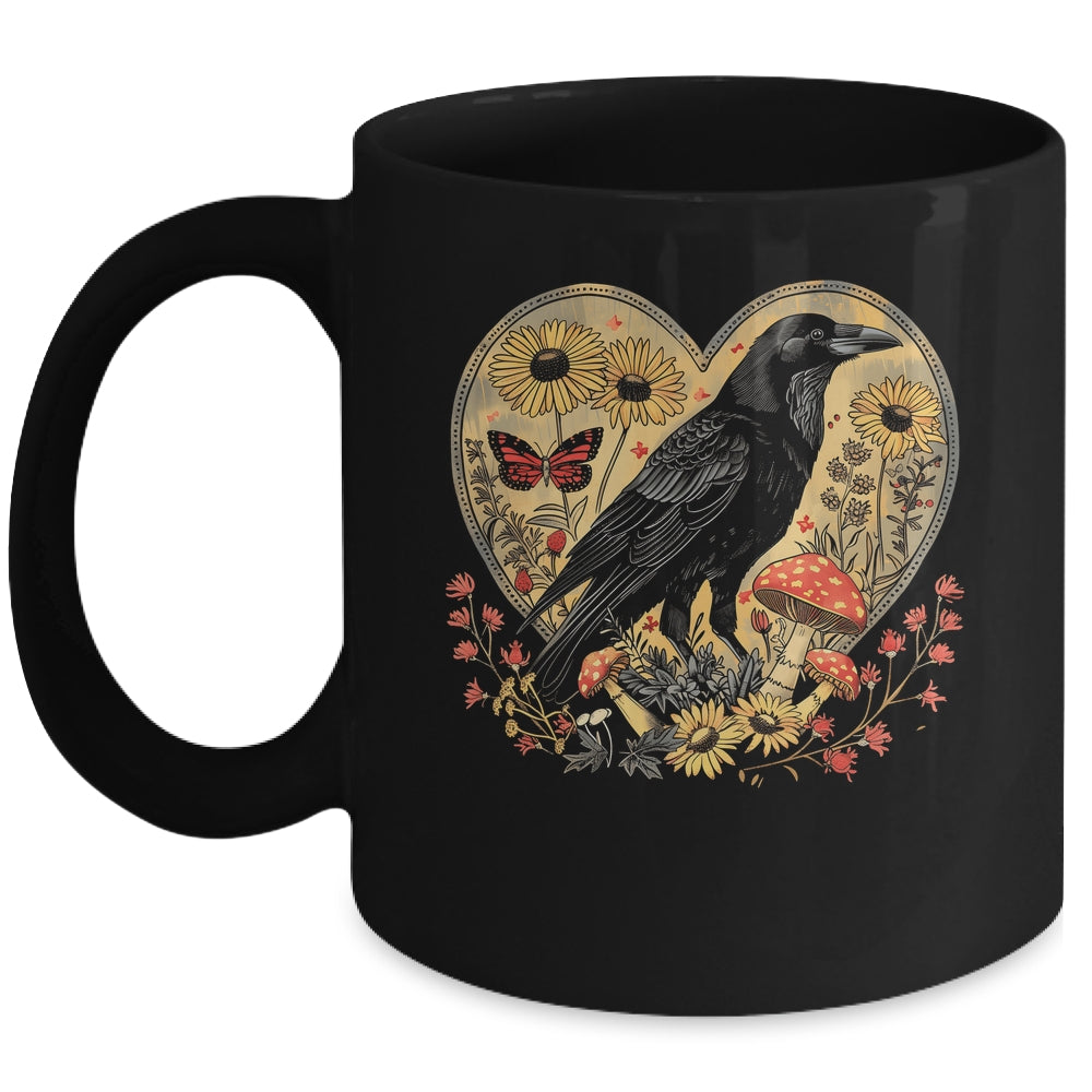 Black Raven Cottagecore Heart Flower Crow Nature Aesthetic Mug | siriusteestore