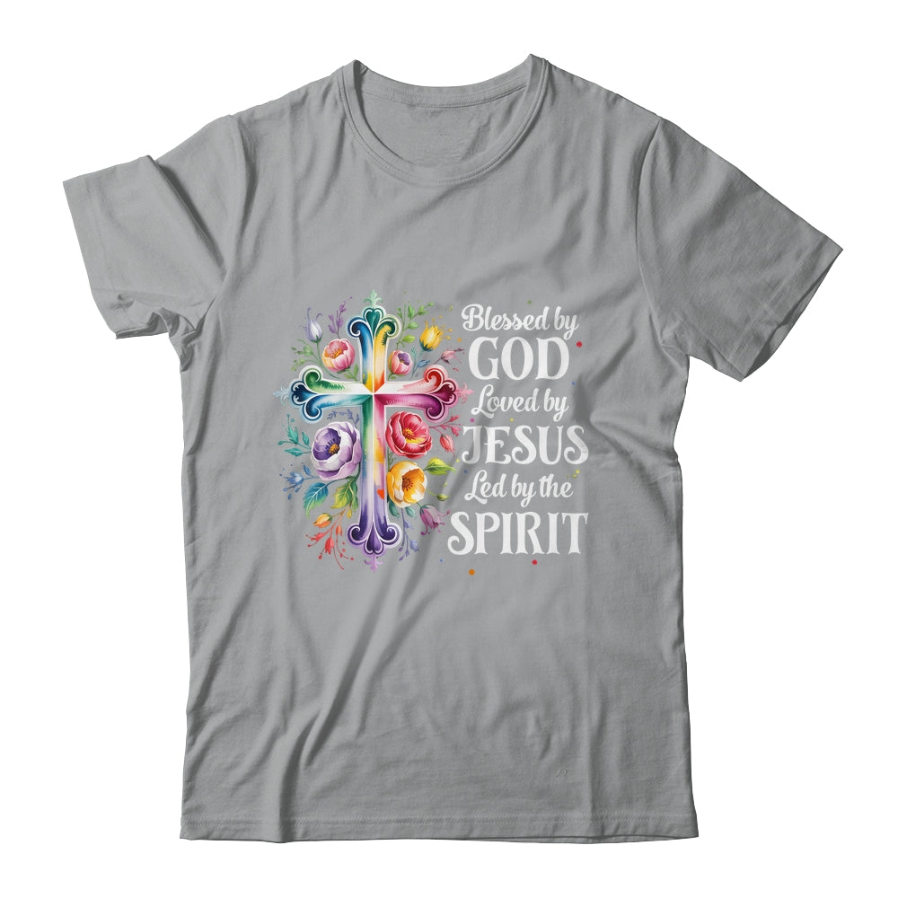 Blessed By God Loved By Jesus Flowers Cross Christian Women Shirt & Tank Top | siriusteestore