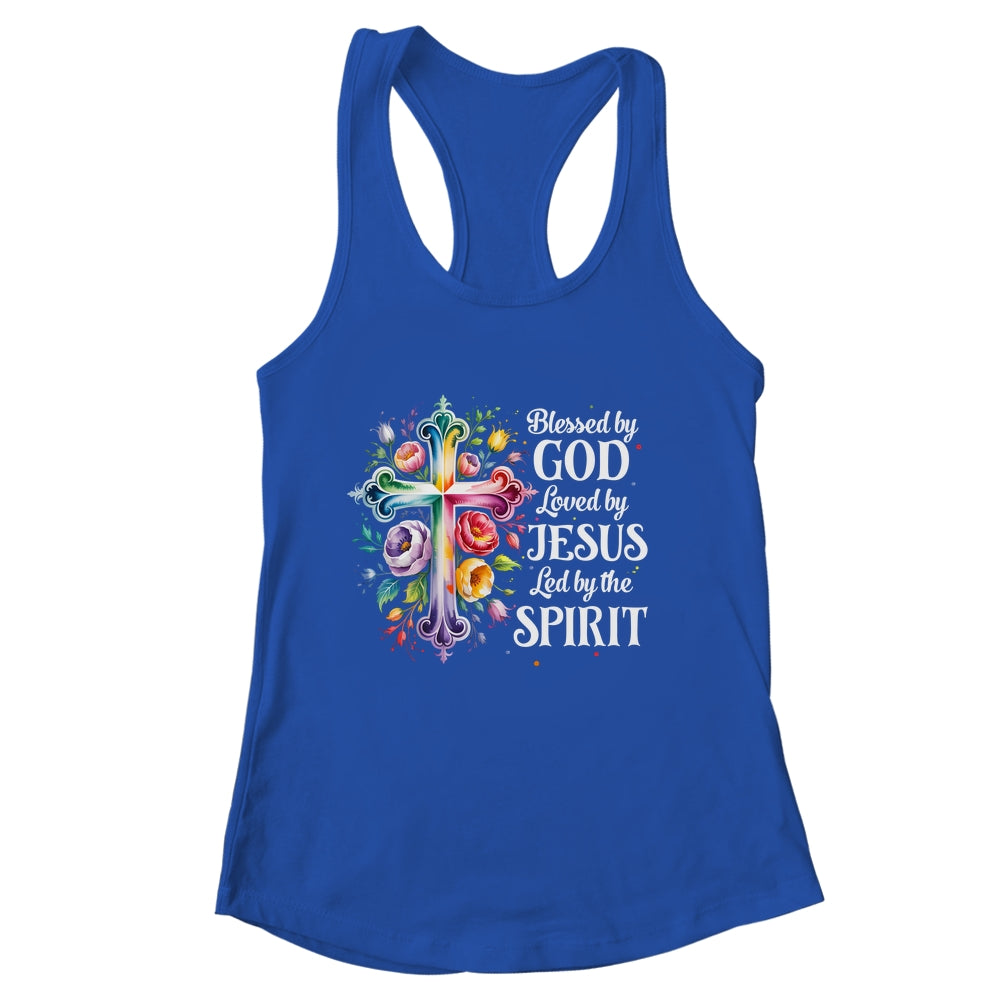 Blessed By God Loved By Jesus Flowers Cross Christian Women Shirt & Tank Top | siriusteestore