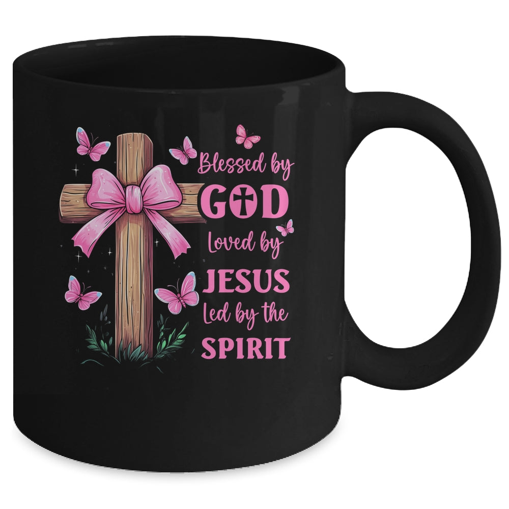 Blessed By God Loved By Jesus Pink Coquette Bow And Cross Mug | siriusteestore