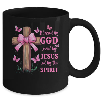 Blessed By God Loved By Jesus Pink Coquette Bow And Cross Mug | siriusteestore