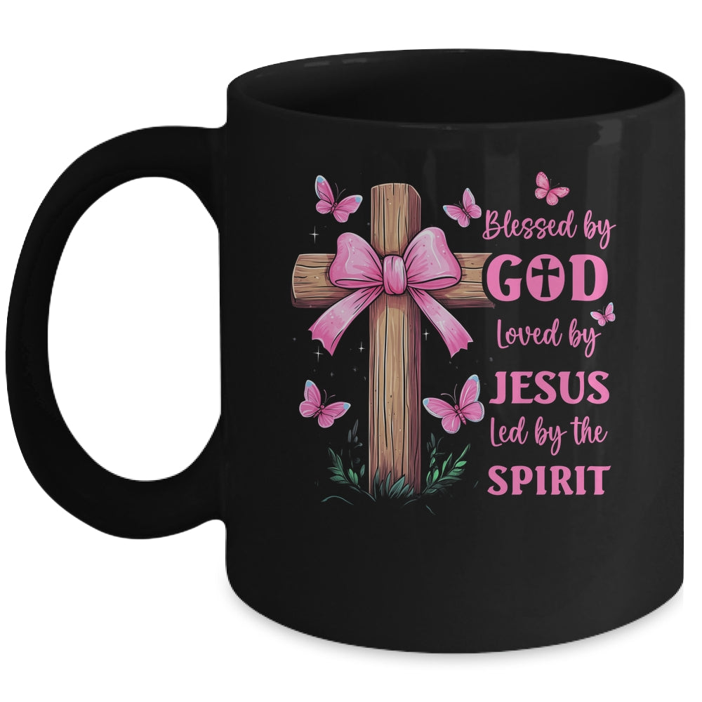 Blessed By God Loved By Jesus Pink Coquette Bow And Cross Mug | siriusteestore