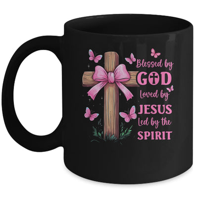 Blessed By God Loved By Jesus Pink Coquette Bow And Cross Mug | siriusteestore