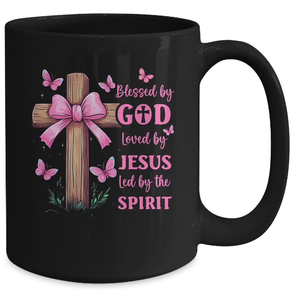 Blessed By God Loved By Jesus Pink Coquette Bow And Cross Mug | siriusteestore