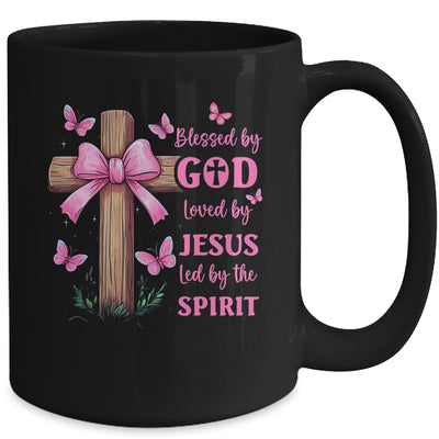 Blessed By God Loved By Jesus Pink Coquette Bow And Cross Mug | siriusteestore