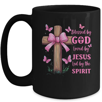 Blessed By God Loved By Jesus Pink Coquette Bow And Cross Mug | siriusteestore